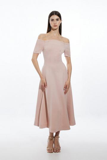Italian Structured Rib Bardot Tailored Midi Dress rose