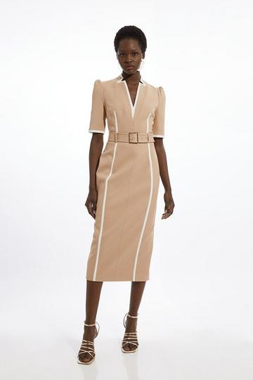 Petite Compact Stretch Contrast Tipped Forever Belted Tailored Midi Dress camel