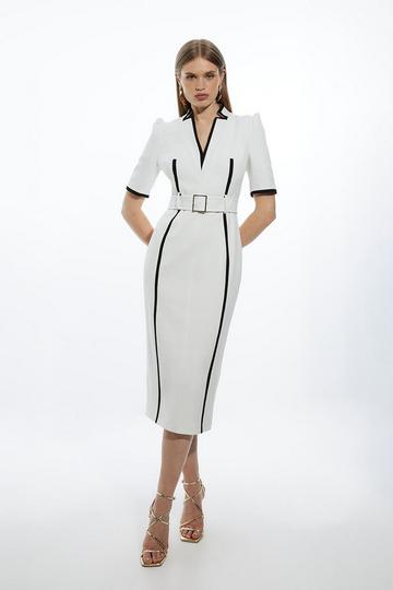 Petite Compact Stretch Contrast Tipped Forever Belted Tailored Midi Dress ivory