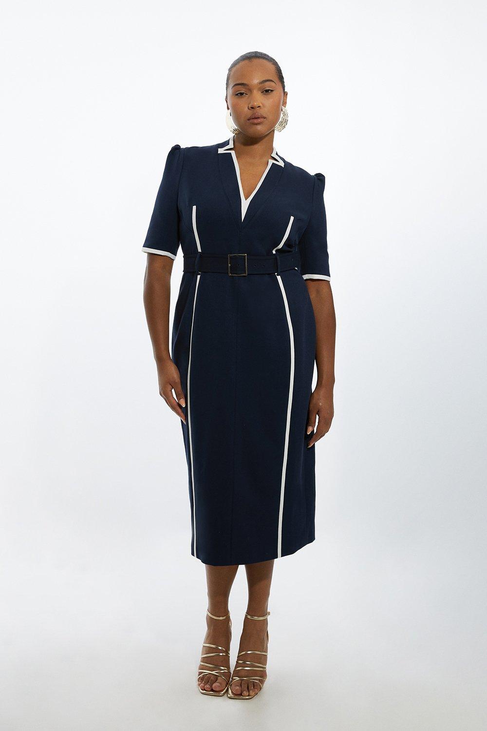 Plus Size Compact Stretch Contrast Tipped Forever Belted Tailored Midi Dress