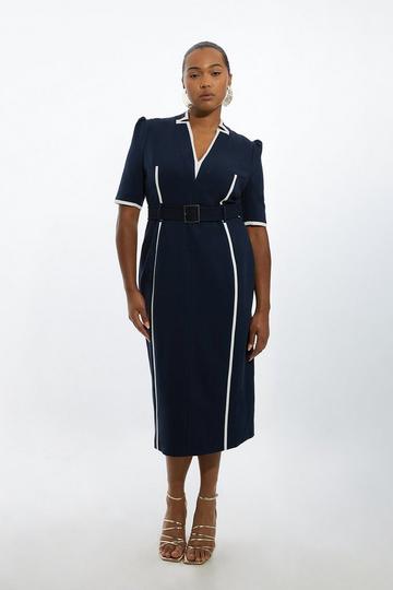 Plus Size Compact Stretch Contrast Tipped Forever Belted Tailored Midi Dress navy