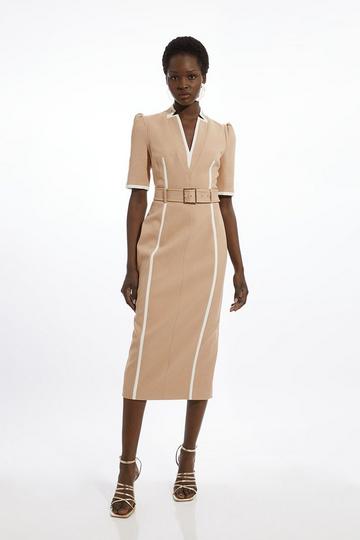 Compact Stretch Contrast Tipped Forever Belted Tailored Midi Dress camel