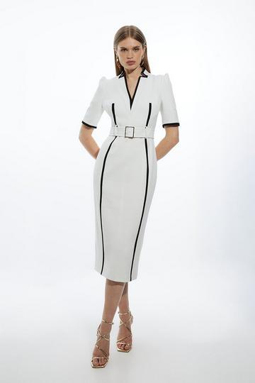 Ivory White Compact Stretch Contrast Tipped Forever Belted Tailored Midi Dress