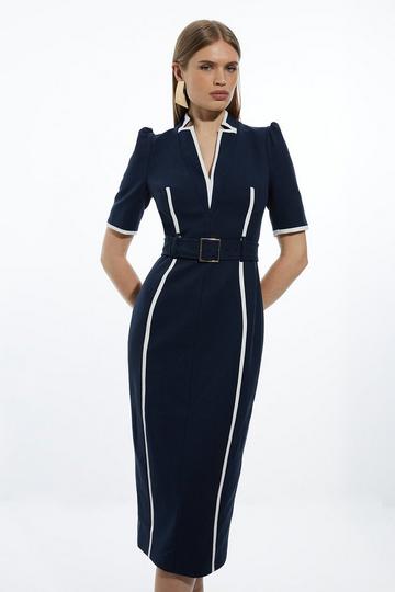 Navy Compact Stretch Contrast Tipped Forever Belted Tailored Midi Dress