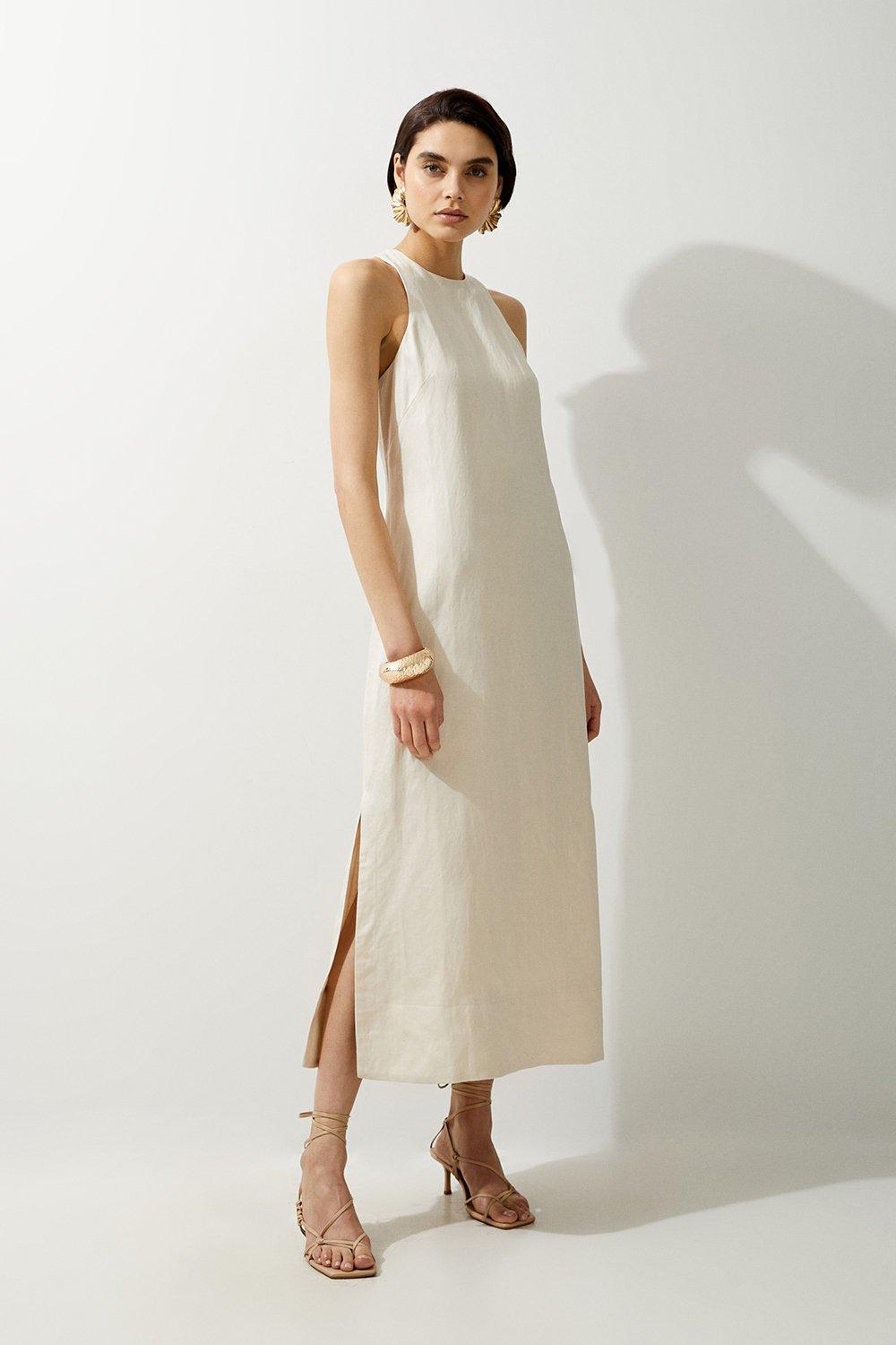 Ivory Viscose Linen Woven Halter Midi 