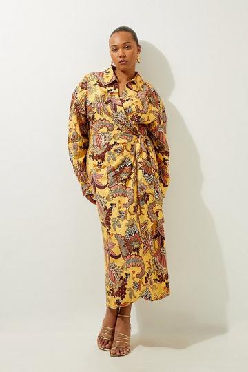 Plus Size Viscose Linen Woven Shirt Midi Dress floral