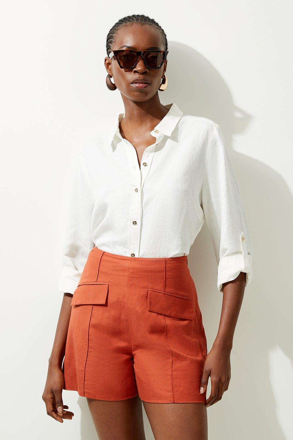 Rust Viscose Linen Pocket Detail Shorts