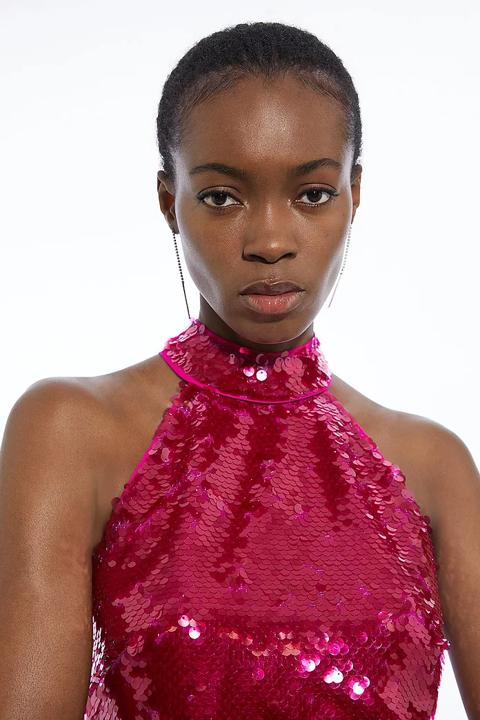 Layered Sequin Woven Halter Top | Karen Millen Layered Sequin Woven Halter Top | Karen Millen