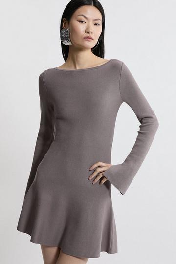 Grey Rib Knit Peplum Sleeve Flippy Mini Dress