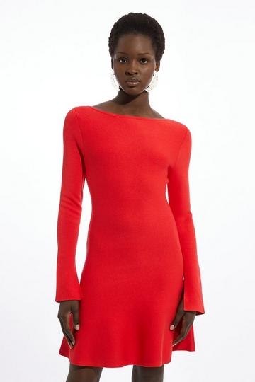 Red Rib Knit Peplum Sleeve Flippy Mini Dress