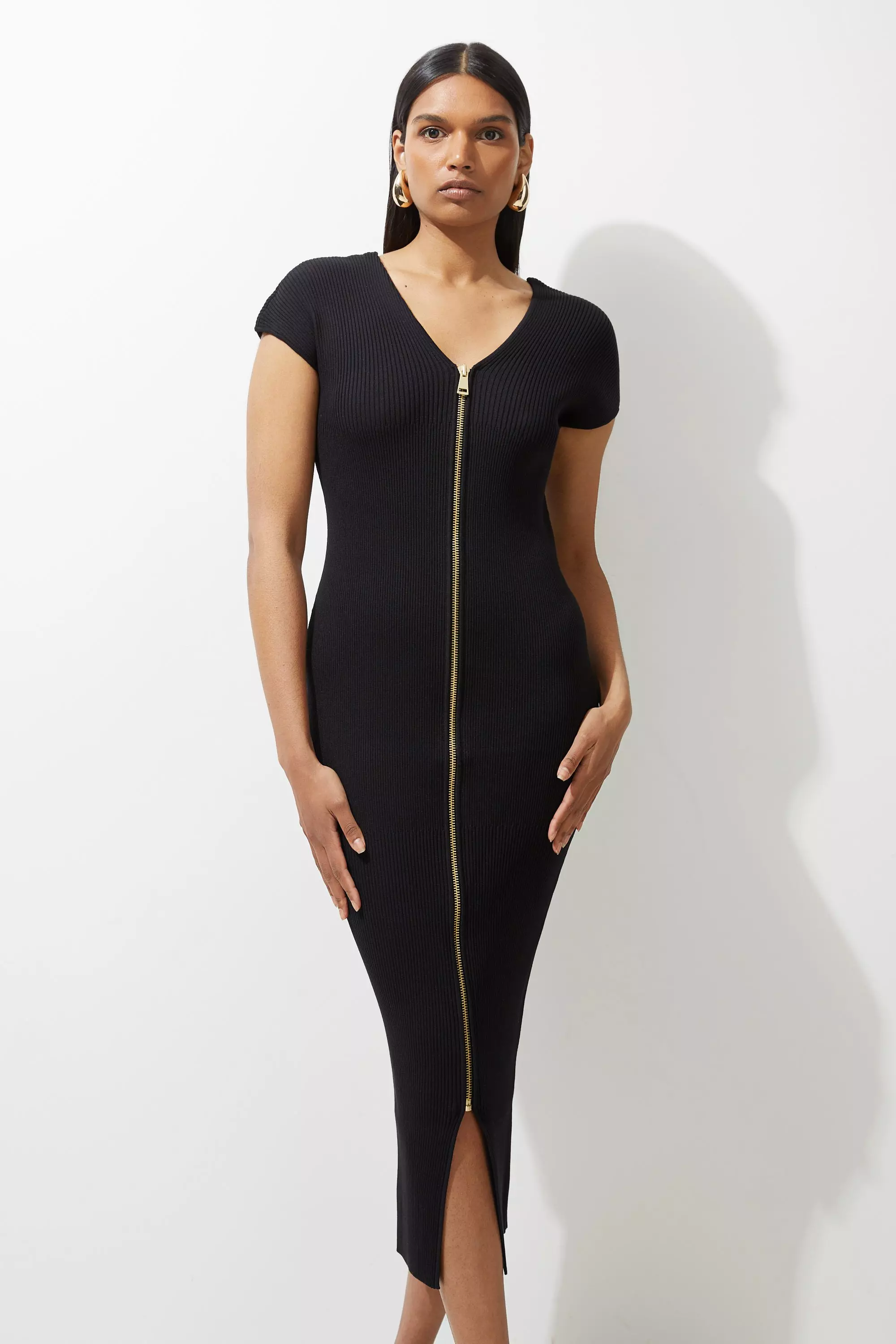 Rib Knit Zip Through Midi Dress | Karen Millen