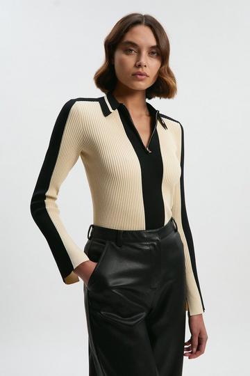 Cream White Rib Knit Polo Zip Up Top