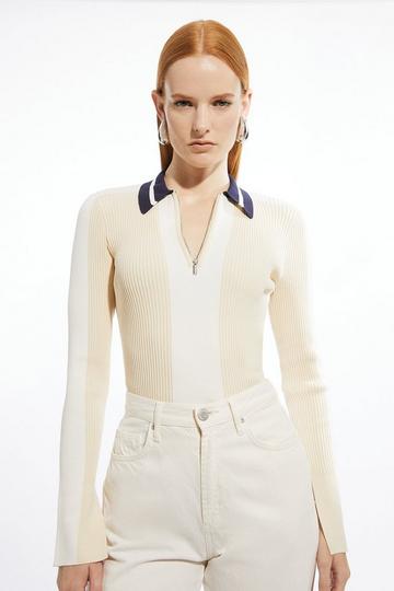 Rib Knit Polo Zip Up Top natural