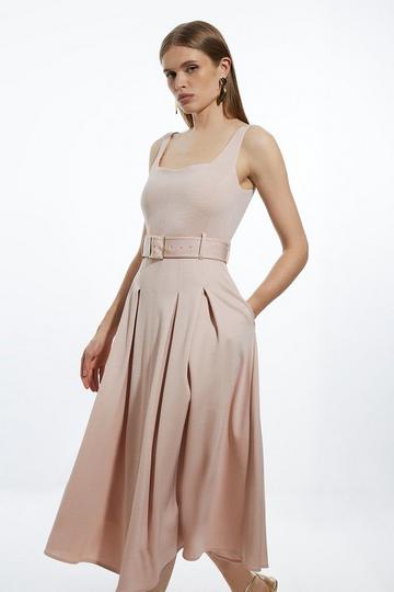 Champagne Beige Italian Structured Rib Tailored Square Neck Belted Midi Dress