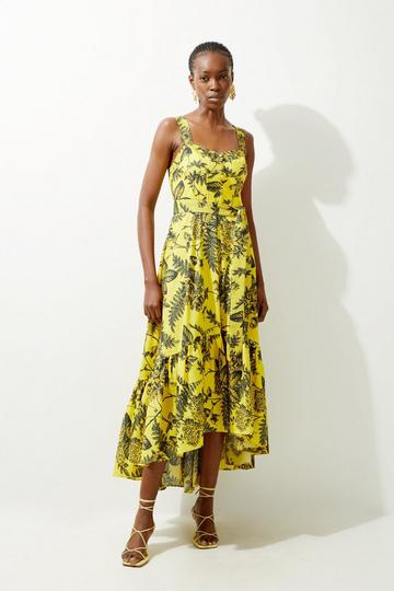 Yellow Batik Floral Belted Strappy Cotton Woven Maxi Dress