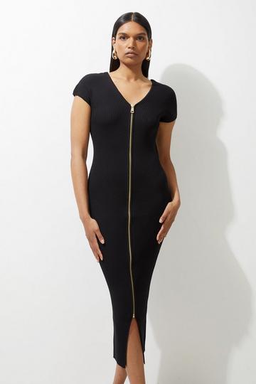 Black Petite Rib Knit Zip Through Midi Dress