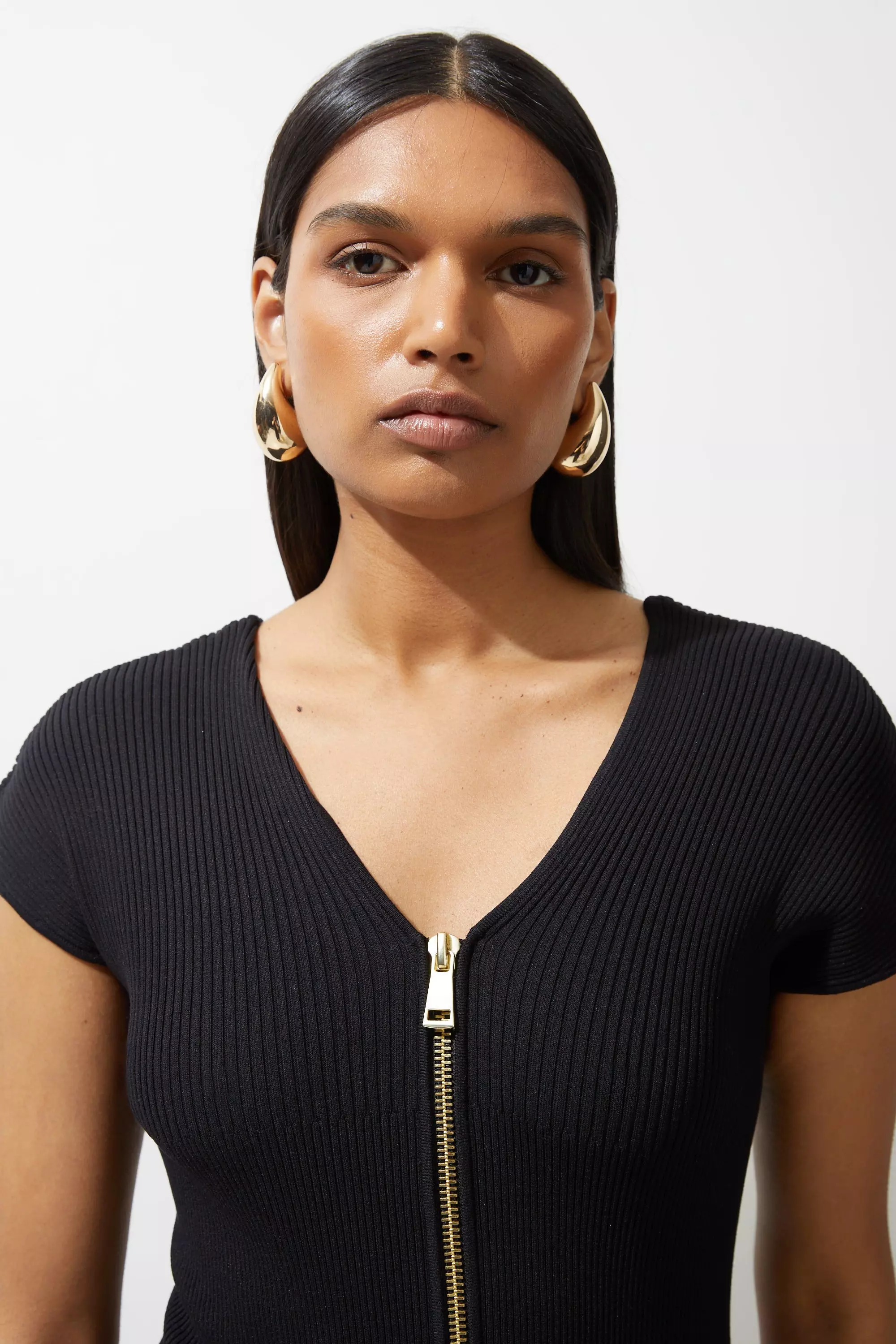 Petite Rib Knit Zip Through Midi Dress | Karen Millen
