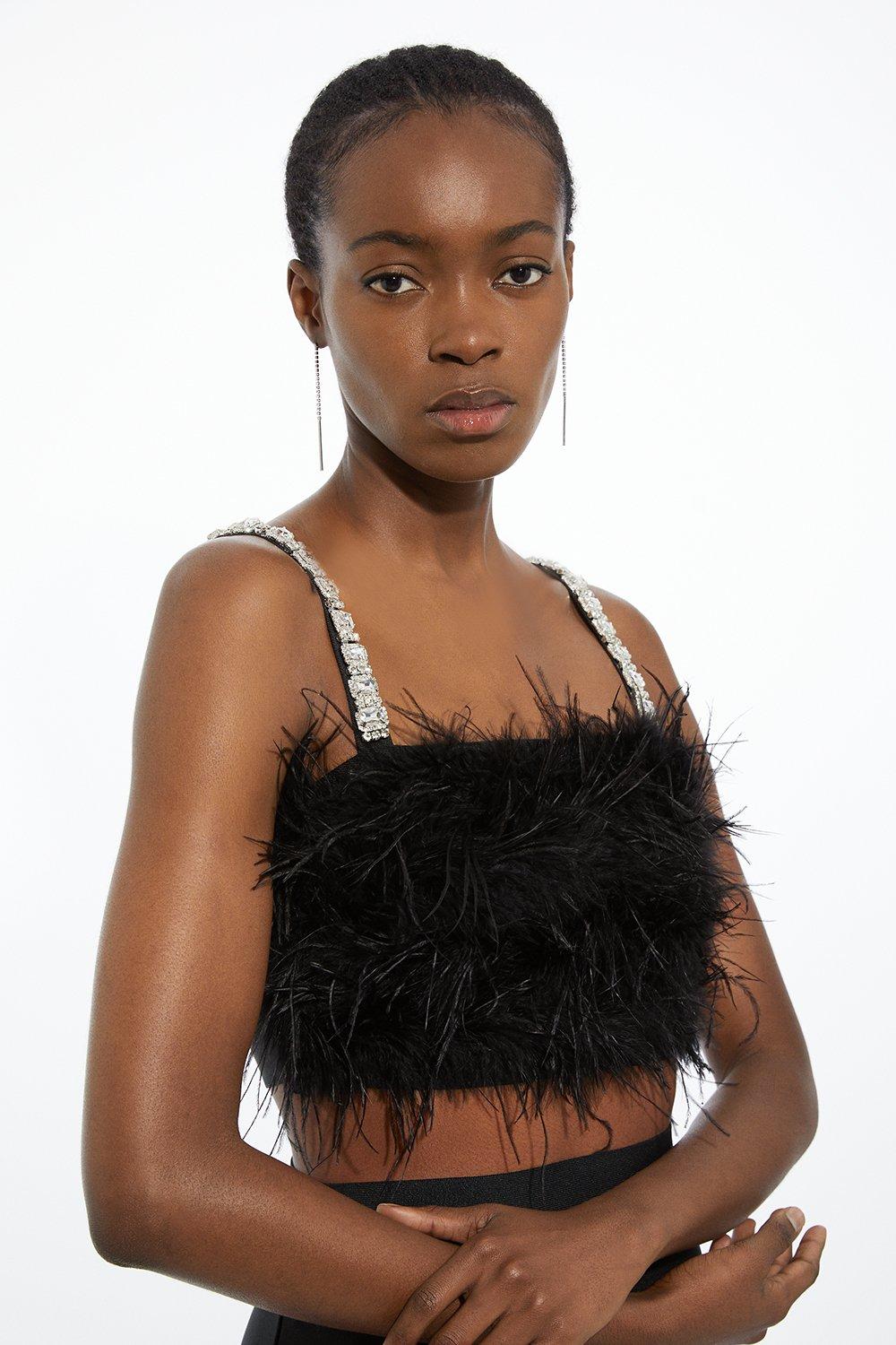 Black Figure Form Bandage Feather Detail Knit Top