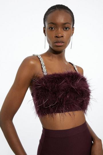 Figure Form Bandage Feather Detail Knit Top dark brown