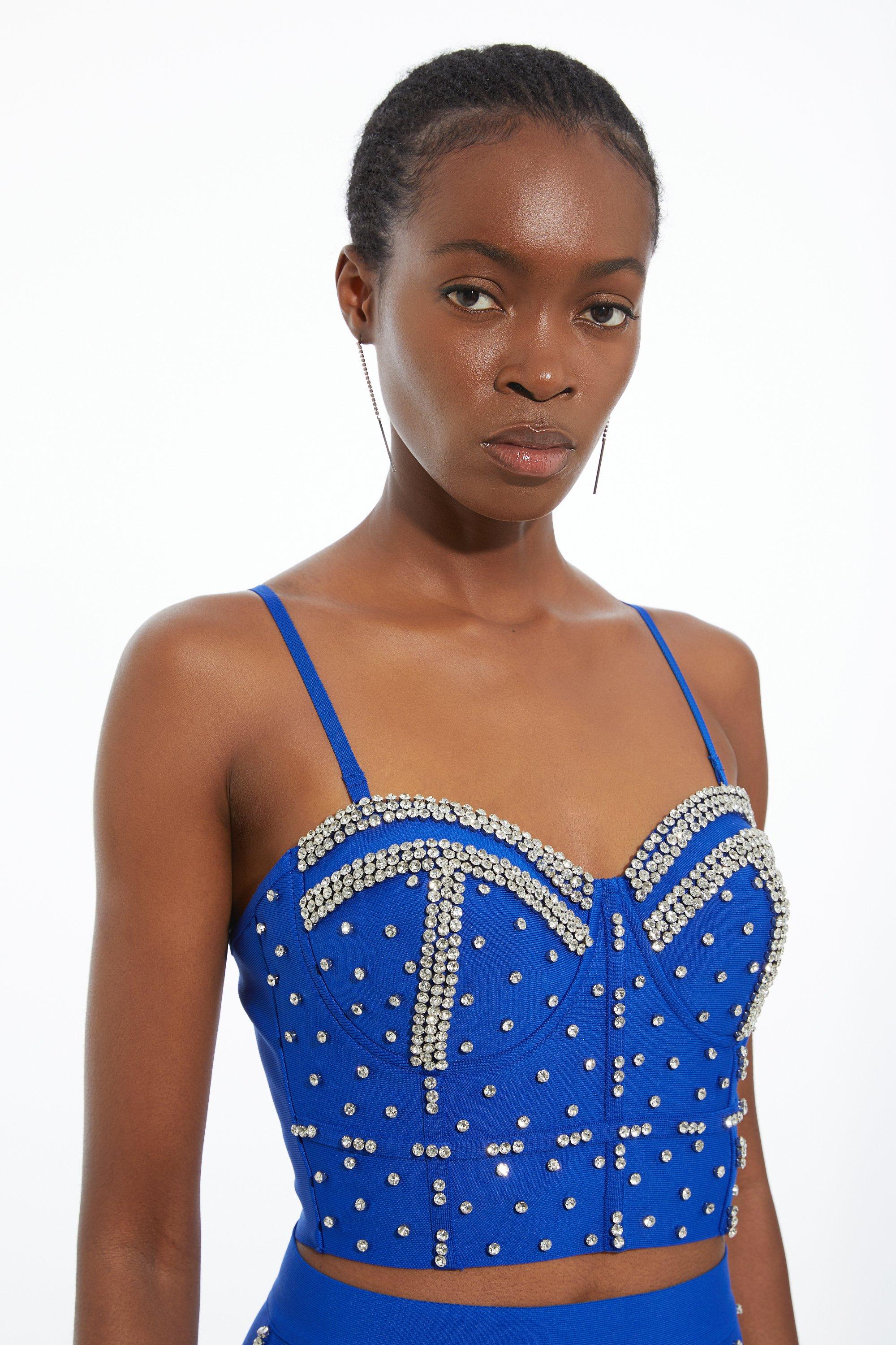 Cobalt Figure Form Bandage Embellished Cup Detail Knit Top