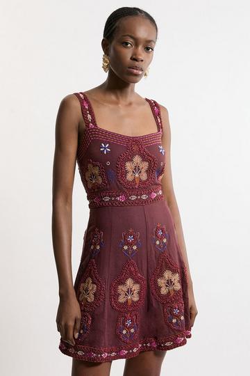 Tall Cotton Embroidered Strappy Woven Mini Dress purple