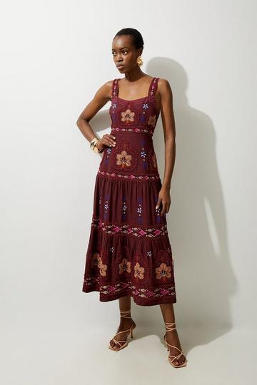 Cotton Embroidered Strappy Woven Maxi Dress purple