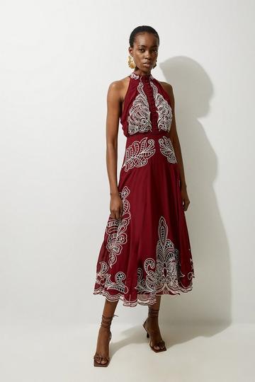 Petite Viscose Georgette Placed Cutwork Halter Woven Midi Dress wine