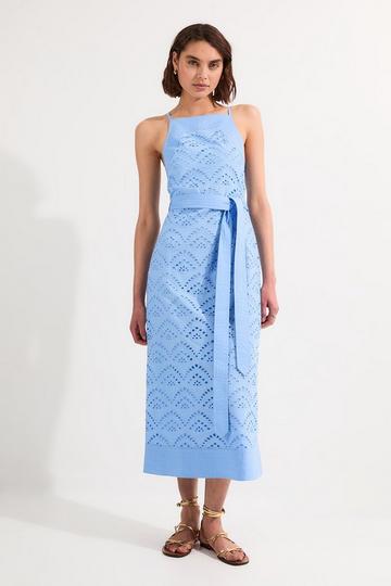 Blue Cotton Broderie Woven Belted Maxi Dress