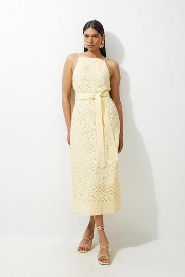 Organic Cotton Broderie Woven Belted Midaxi Dress lemon