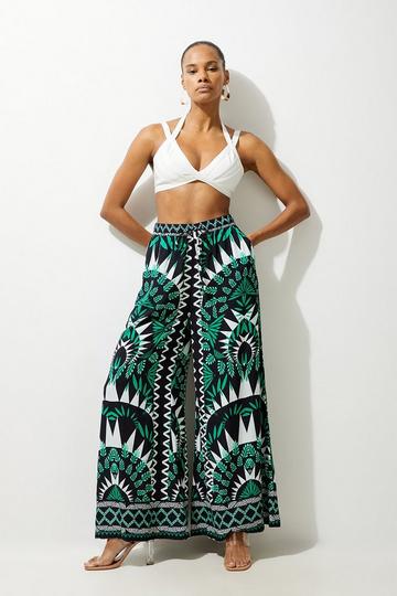 Mono Printed Viscose Woven Beach Wide Leg Trousers mono