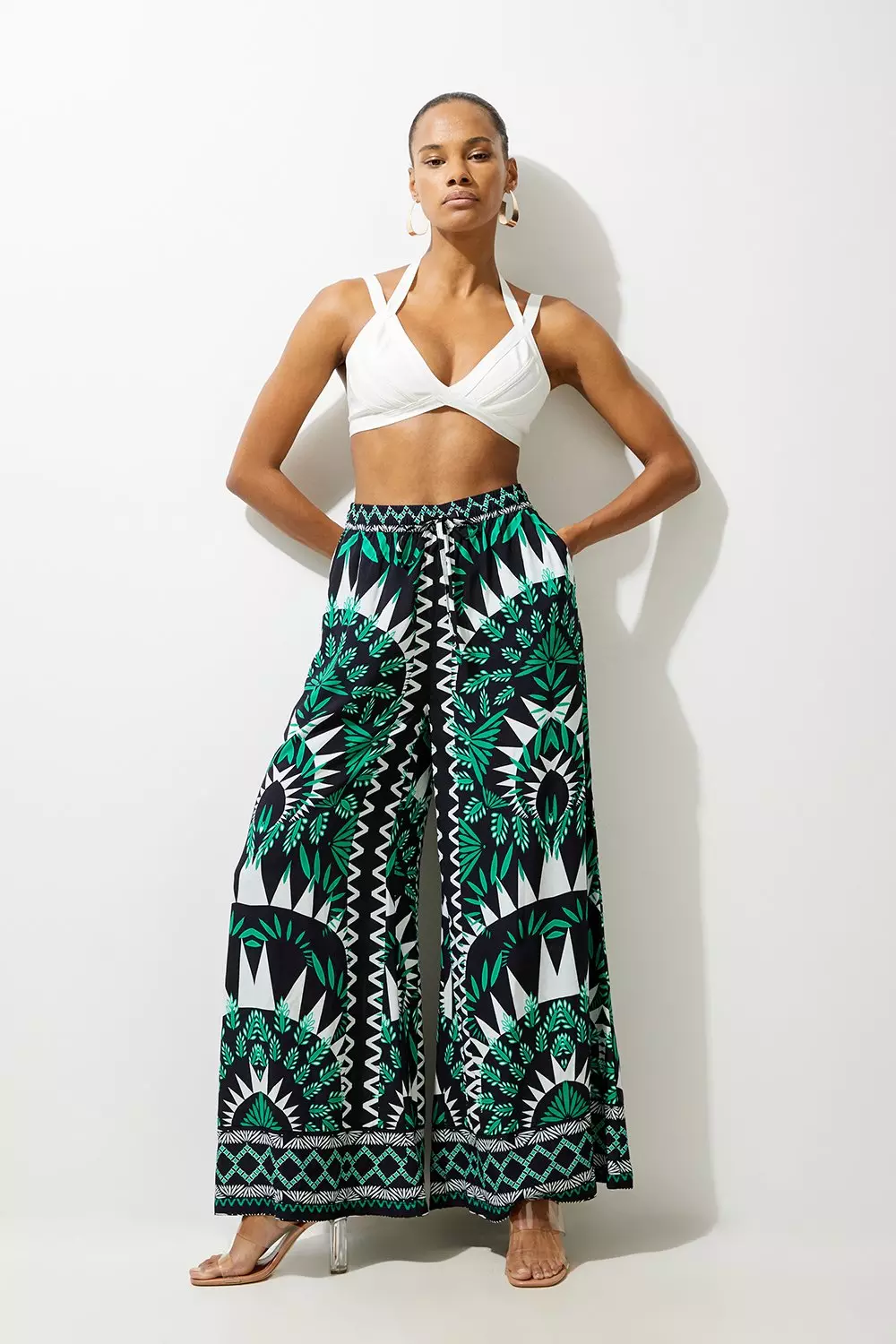 Mono Printed Viscose Woven Beach Wide Leg Pants | Karen Millen