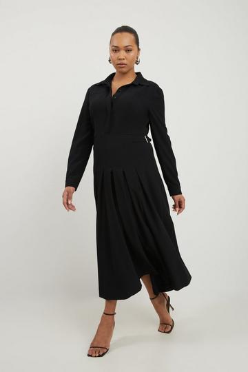 Black Plus Size Structured Crepe Pleated Shirt Dress
