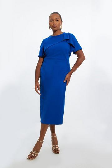 Cobalt Blue Plus Size Tailored Structured Crepe Ruffle Detail Pencil Midi Dress