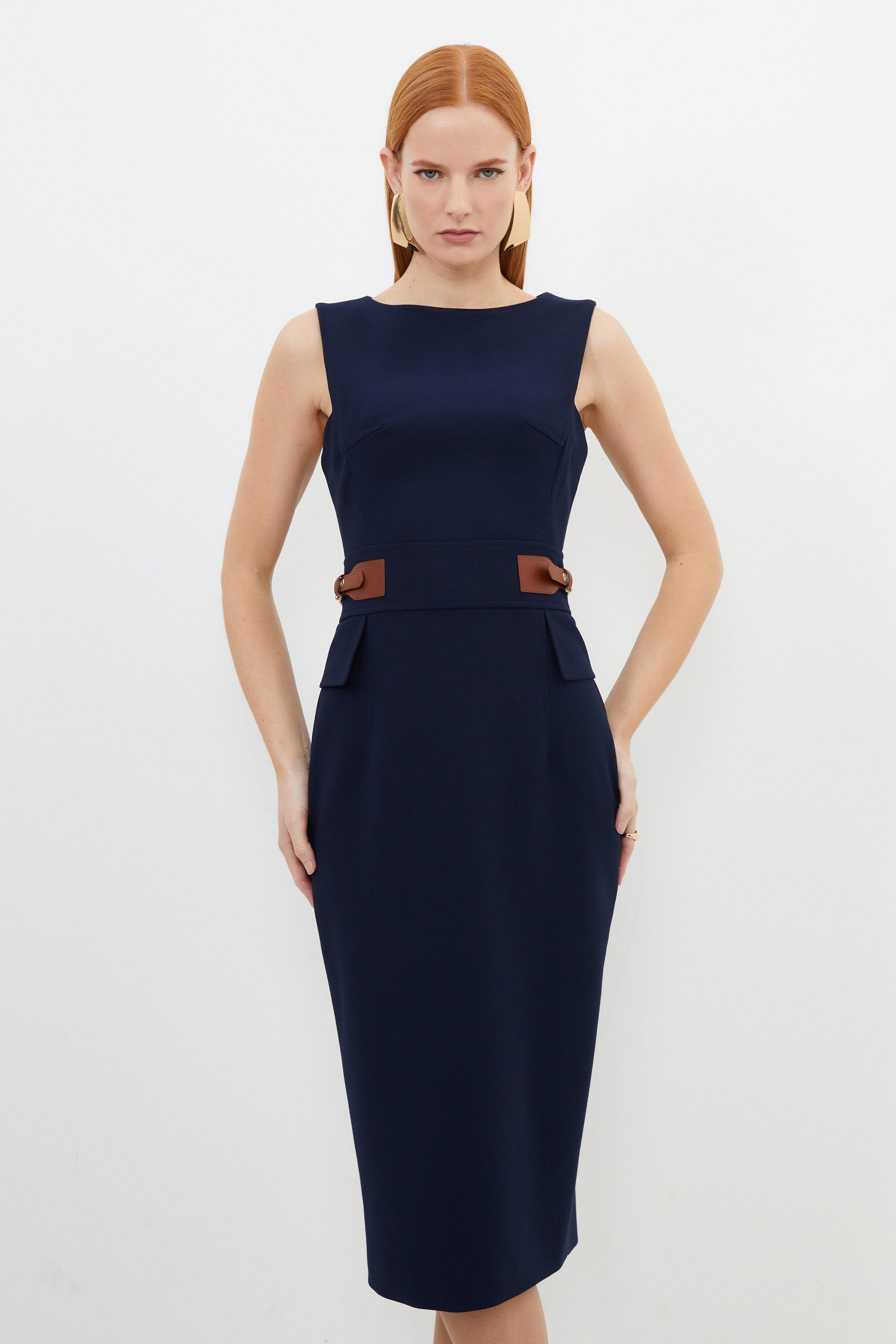 Petite Compact Stretch Tab Waist Detail Tailored Midi Dress