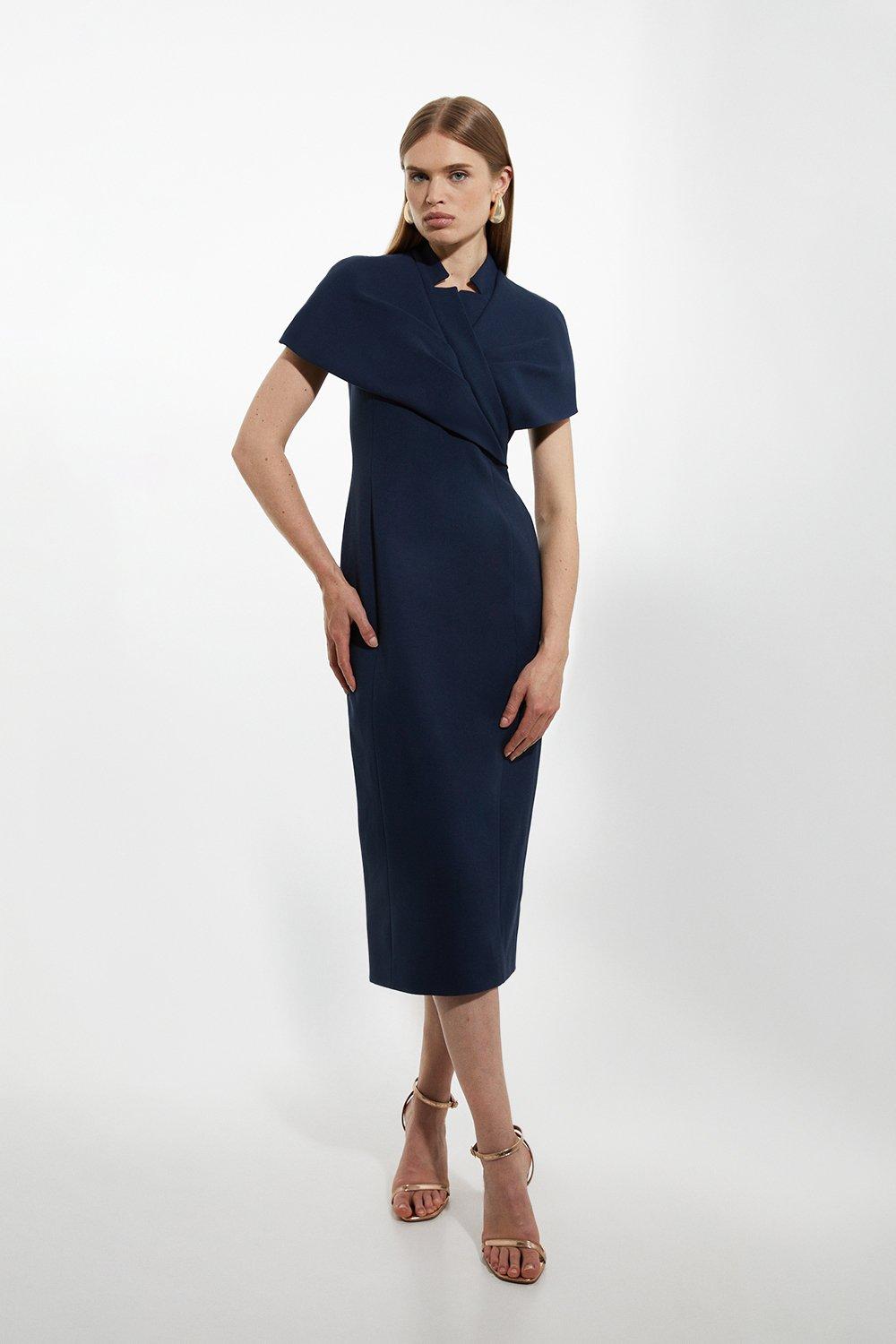 Petite Structured Crepe Cape Detail Midi Dress