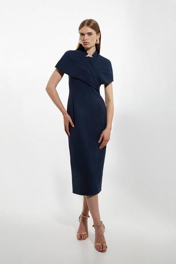 Navy Petite Structured Crepe Cape Detail Midi Dress