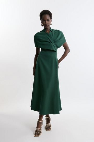 Structured Crepe Cape Detail Full Skirted Tailored Midi Dress forest