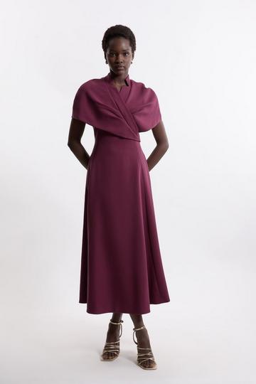 Structured Crepe Cape Detail Full Skirted Tailored Midi Dress merlot