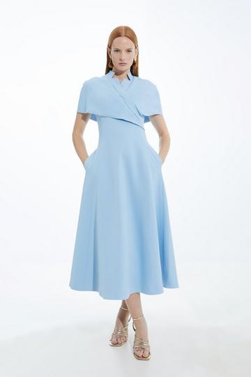 Blue Structured Crepe Cape Detail Full Skirted Tailored Midi Dress
