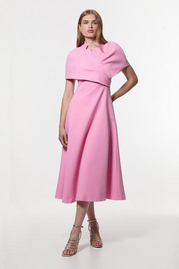 Pink Structured Crepe Cape Detail Full Skirted Tailored Midi Dress