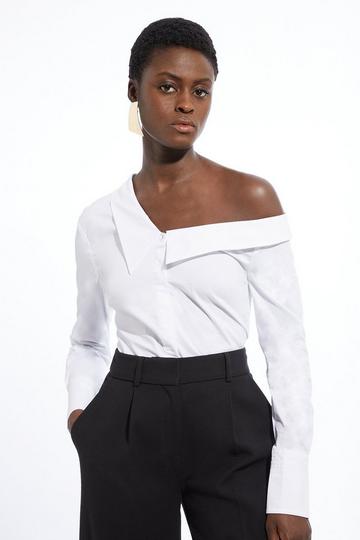 Poplin Asymmetric Longline Woven Shirt white