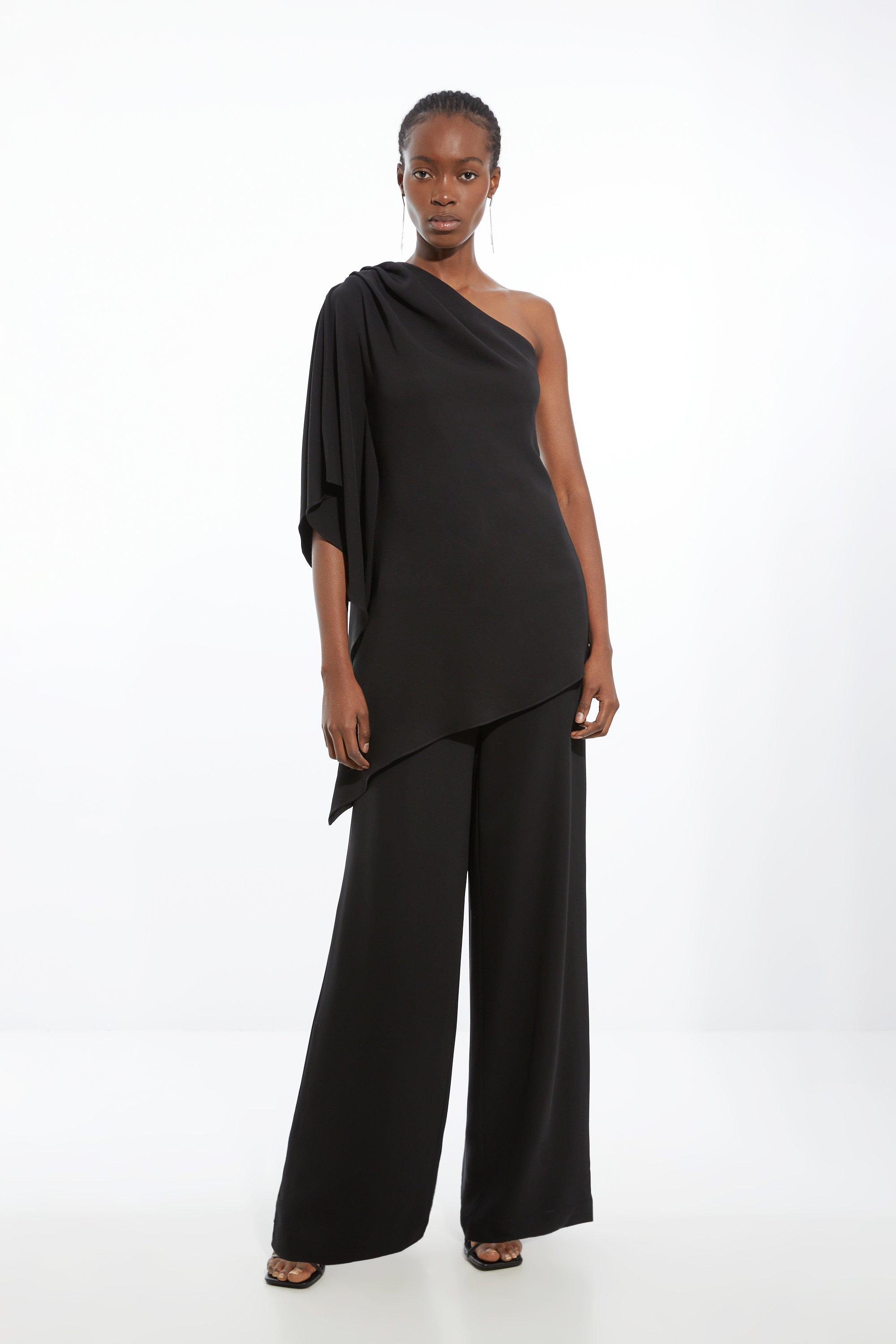 Black Ooto Viscose Crepe Satin Draped Woven Trouser