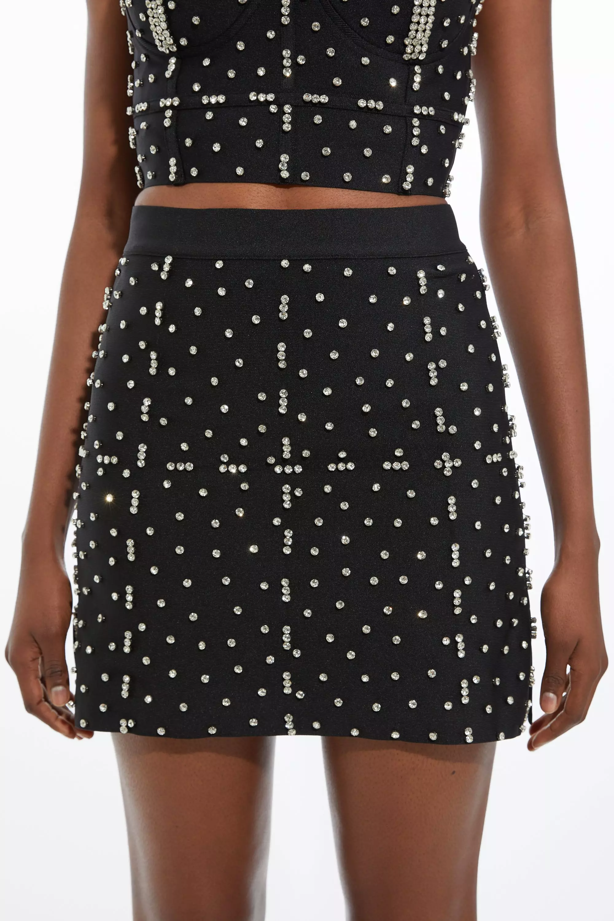 Figure Form Bandage Embellished Knit Mini Skirt | Karen Millen