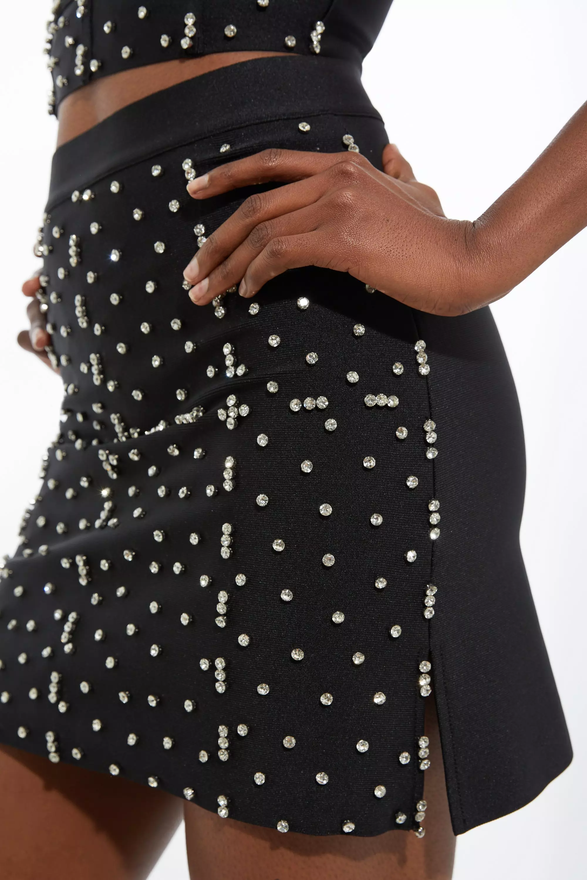 Figure Form Bandage Embellished Knit Mini Skirt | Karen Millen