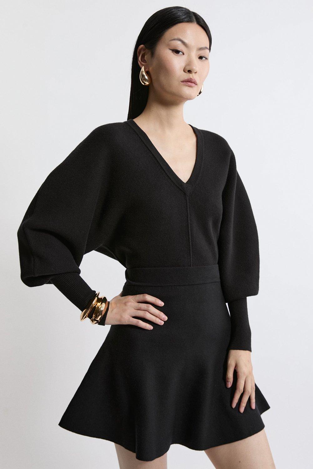 Black Compact Wool Look V Neck Batwing Knit Jumper