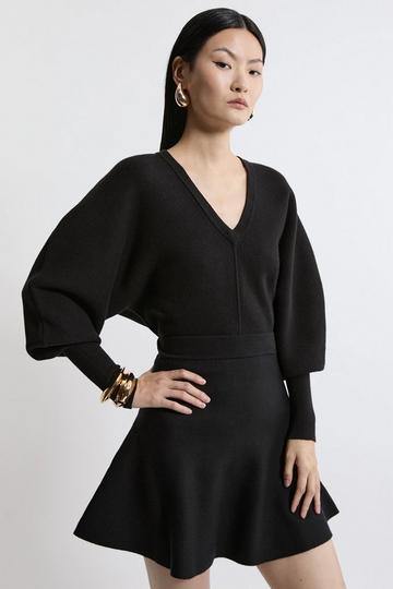 Compact Wool Look V Neck Batwing Knit Sweater black