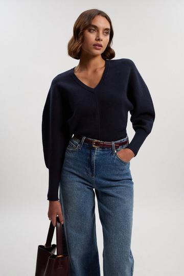 Compact Wool Look V Neck Batwing Knit Jumper navy