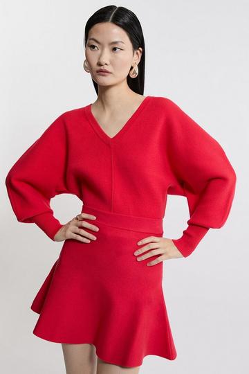 Compact Wool Look V Neck Batwing Knit Jumper red