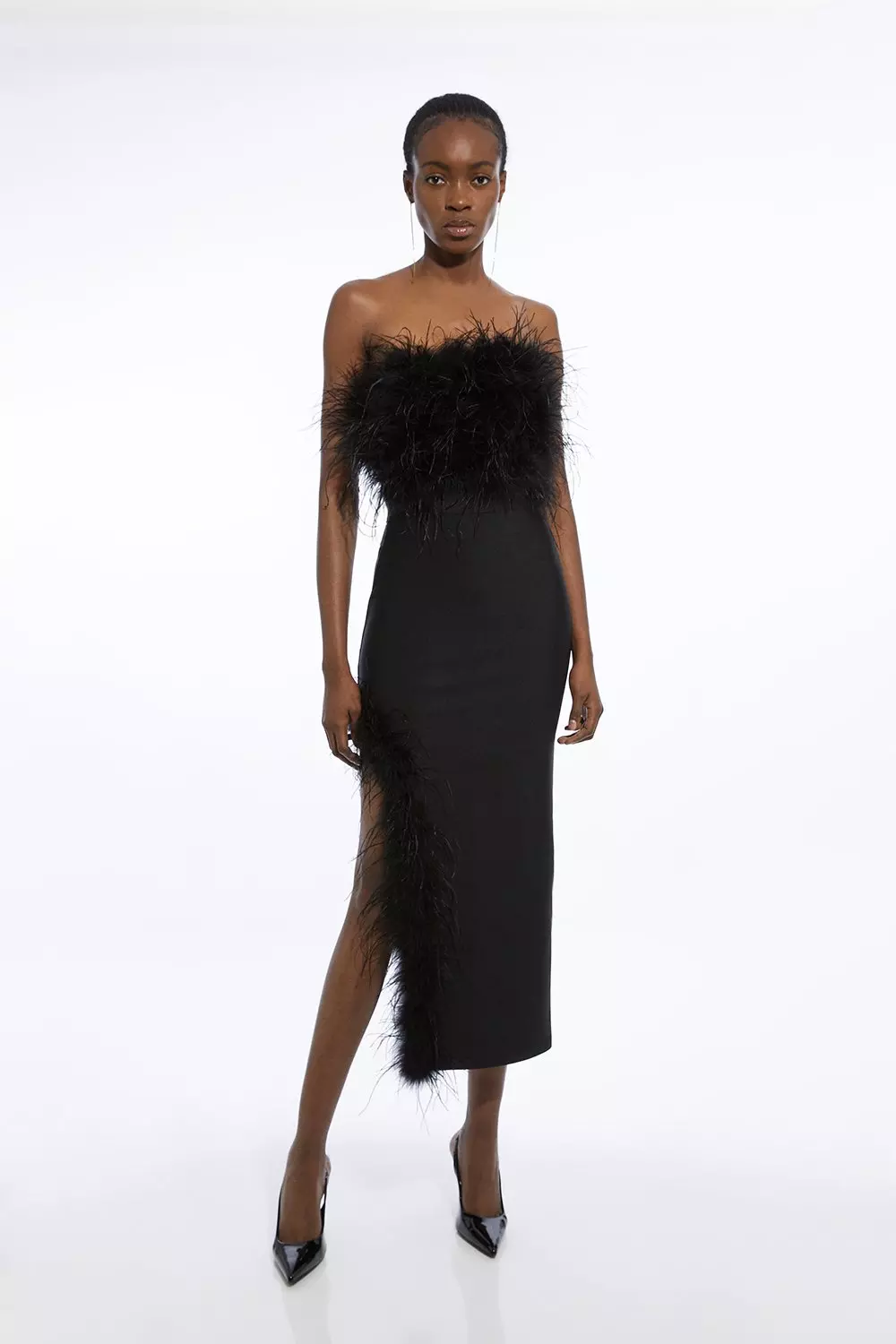 関税送料込★SALE★ラスト完売間近★KarenMillen★Featherドレス Feather Embellished Mini Dress Figure Form Bandage Knit