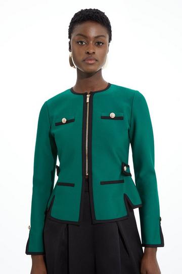 Green Figure Form Bandage Military Contrast Piping Knit Jacket